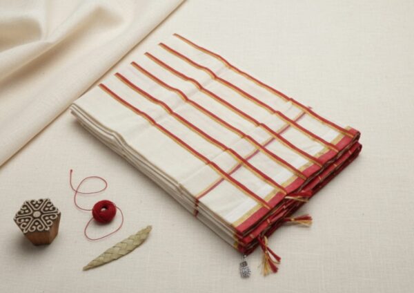 WhatsApp Image 2025-11-19 at 09.34.12 Traditional Handloom Off-White Saree with Red & Gold Stripes