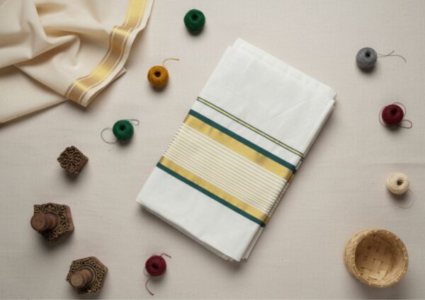 WhatsApp Image 2025-11-19 at 10.29.04 Handloom Off-White Saree with Green & Golden Stripes